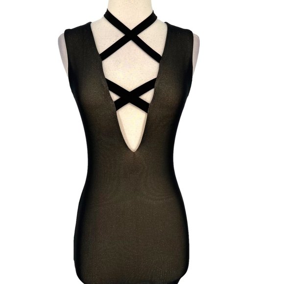 Cefian Metallic Mesh Bodycon Strappy Dress Black Gold Size Large NWT - Picture 4 of 9